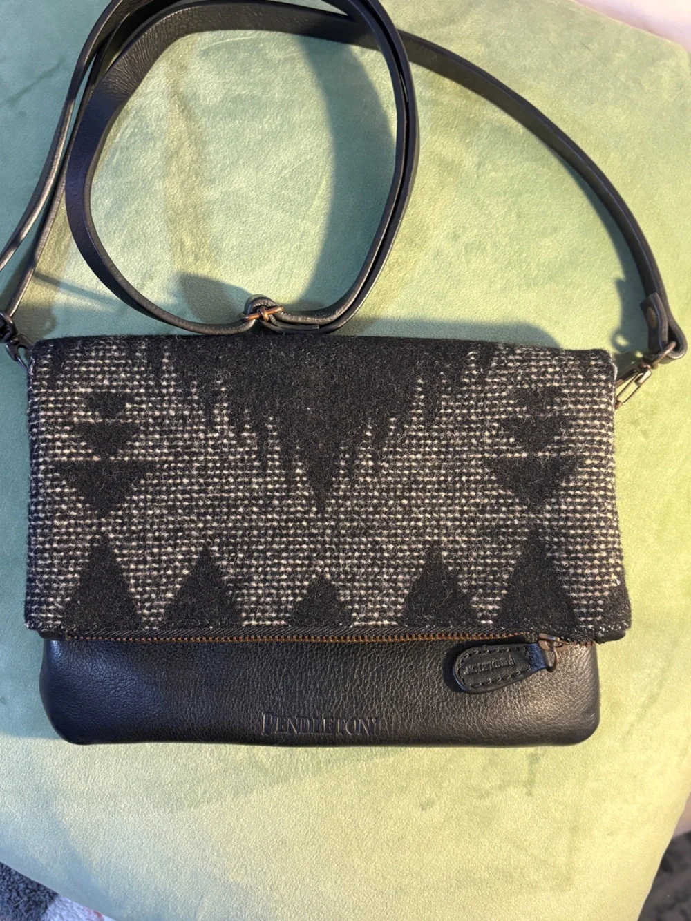 Pendleton Bags - Foldover Crossbody Clutch - Leather Wool Aztec Inspired Print